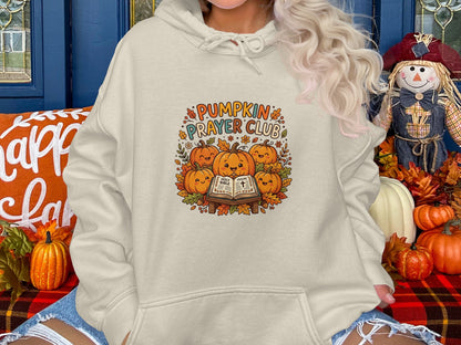 Pumpkin Prayer Club hoodie with pumpkins and an open Bible.