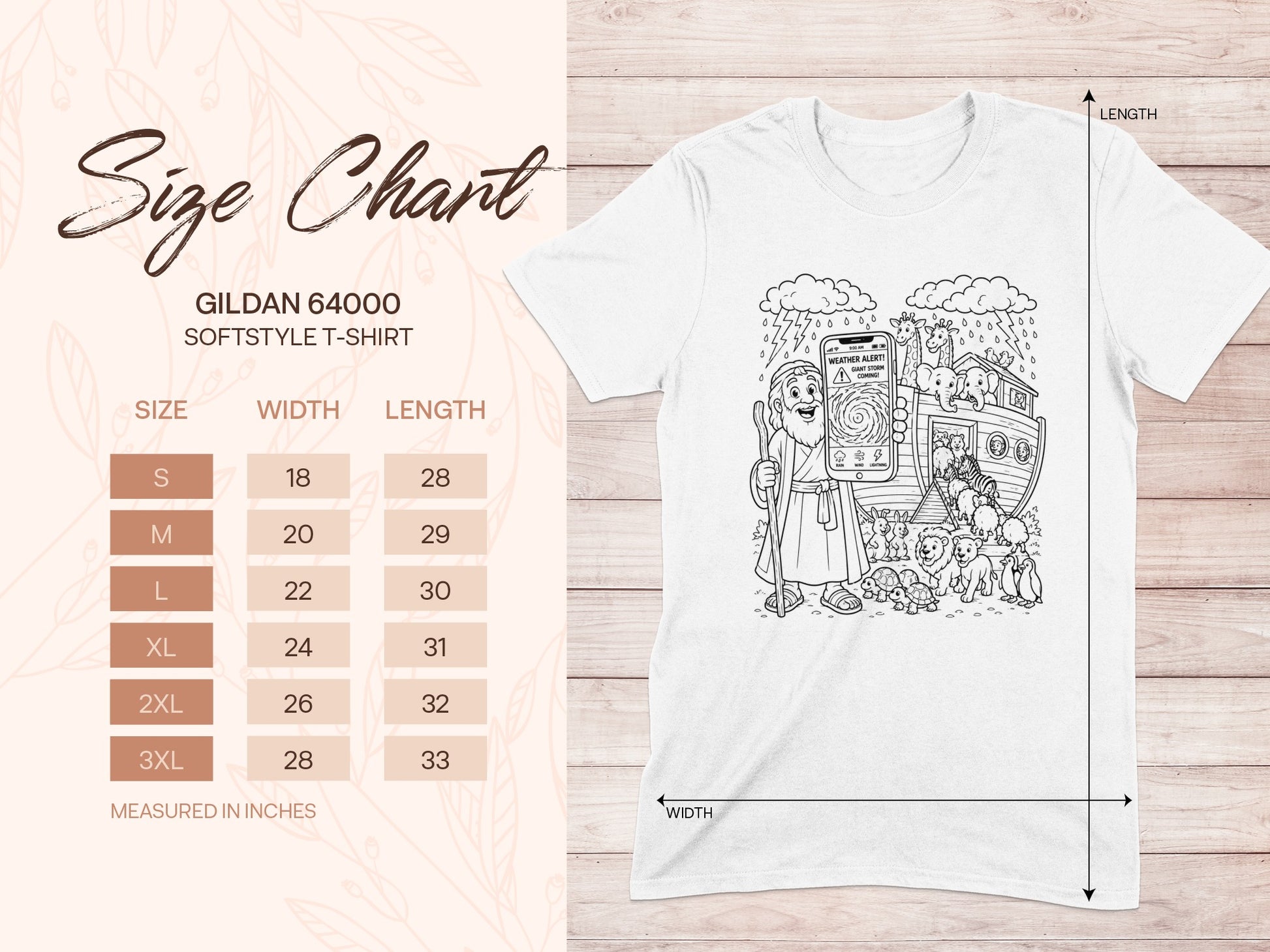 Gildan 64000 Softstyle T-shirt size chart with width and length measurements.