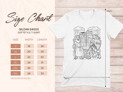 Gildan 64000 Softstyle T-shirt size chart with width and length measurements.