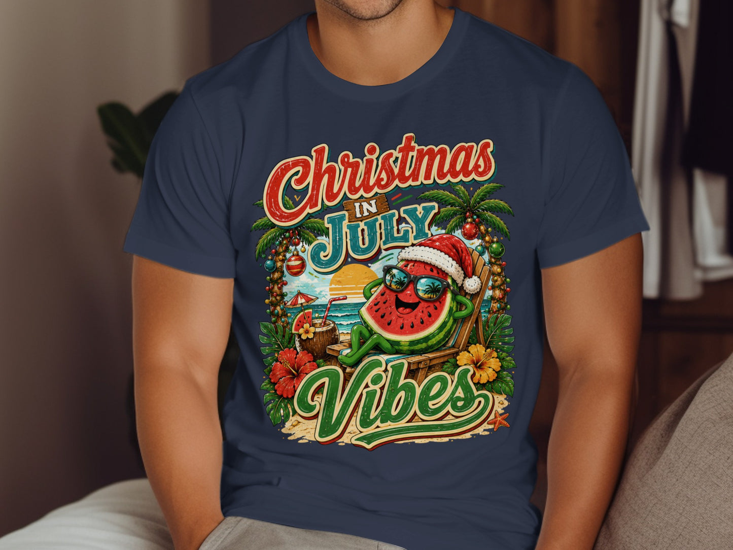 Watermelon wearing Santa hat on beach, "Christmas in July Vibes" text.