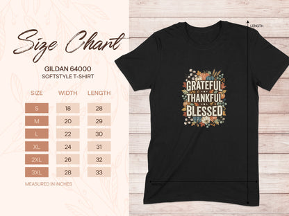 Gildan 64000 t-shirt size chart showing S-3XL measurements for width and length.