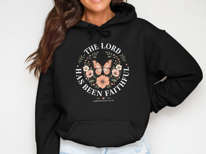 Black hoodie with "The Lord Has Been Faithful" and biblical verse.