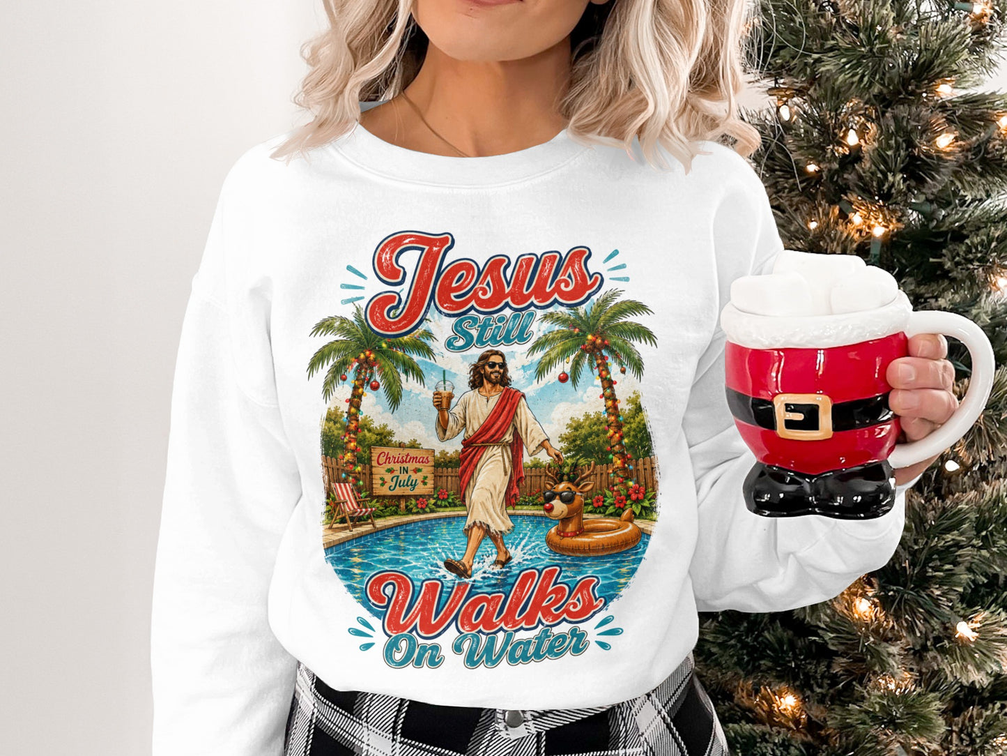 Jesus walks on water near pool with palm trees and text.