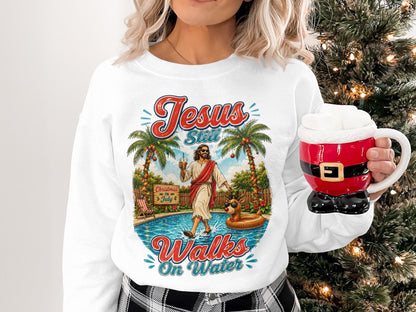 Jesus walks on water near pool with palm trees and text.