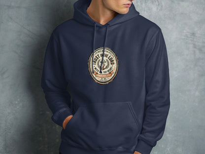 Navy hoodie with circular "Trust in the Lord" emblem and Proverbs 3:5.