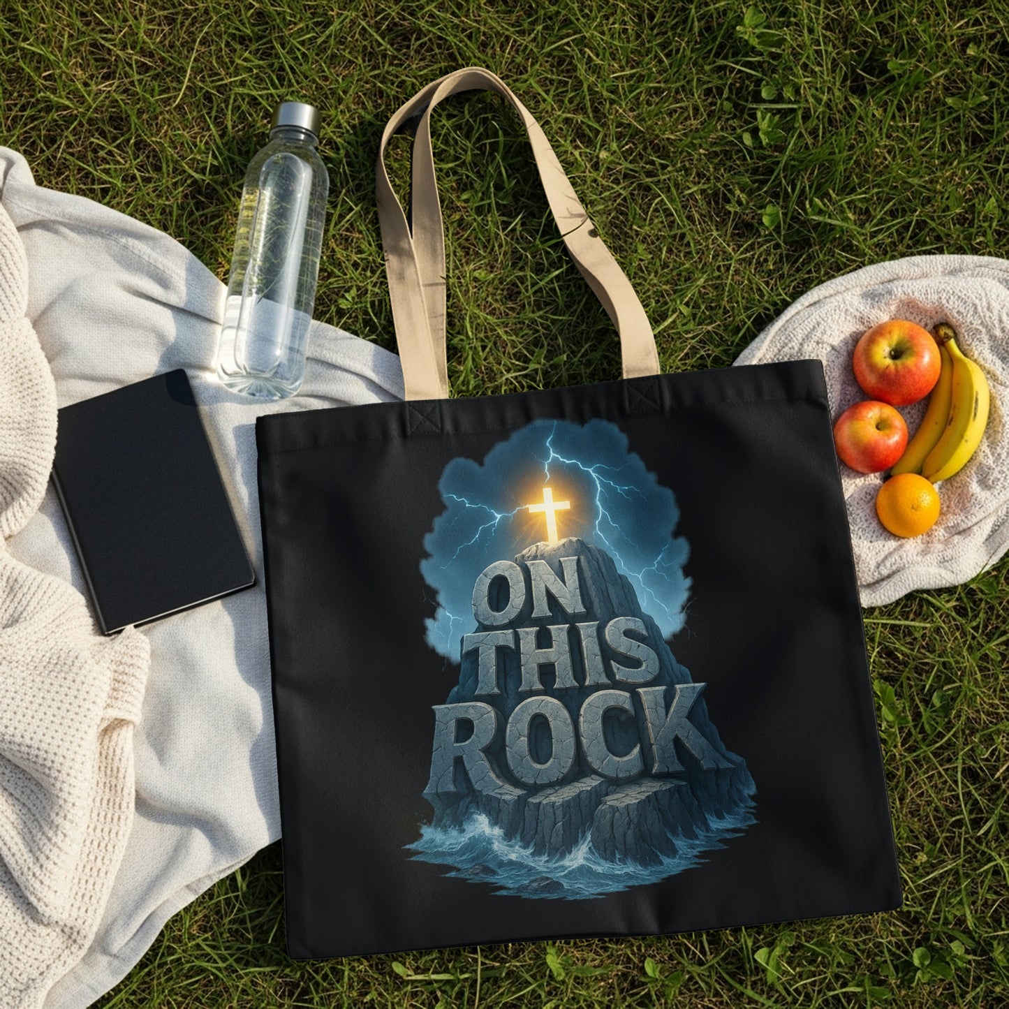 Black tote bag with Christian graphic "On This Rock" and a cross.
