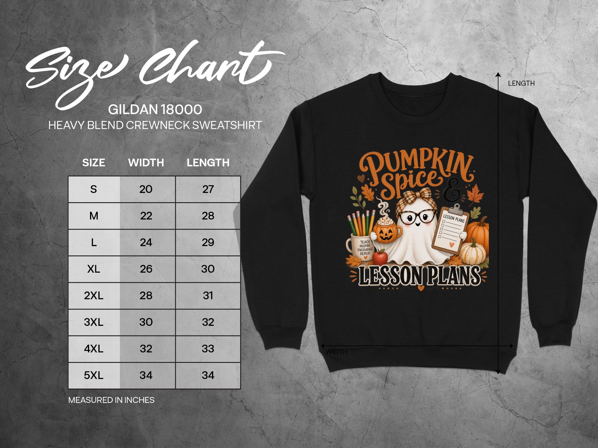 Gildan 18000 sweatshirt size chart with "Pumpkin Spice & Lesson Plans" graphic.