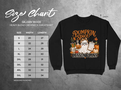 Gildan 18000 sweatshirt size chart with "Pumpkin Spice & Lesson Plans" graphic.