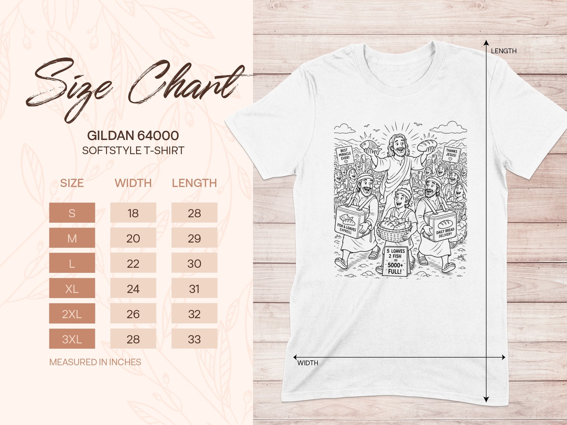 Gildan 64000 softstyle t-shirt size chart with measurements and a graphic of Jesus feeding a crowd.