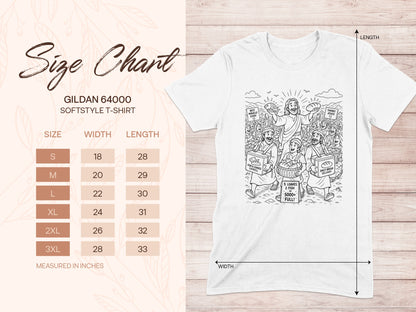 Gildan 64000 softstyle t-shirt size chart with measurements and a graphic of Jesus feeding a crowd.