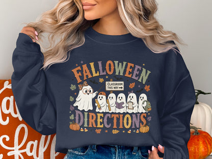 Falloween Directions graphic with cute ghosts holding school supplies and a classroom sign.