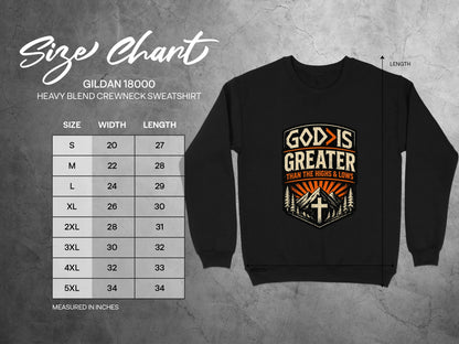 Gildan 18000 sweatshirt size chart with "God is Greater" graphic.