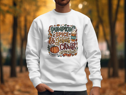 Pumpkin Spice and Jesus Christ T-Shirt, Autumn Blessings Faith Tee, Thankful Christian Fall Graphic Shirt, Cozy Season Apparel
