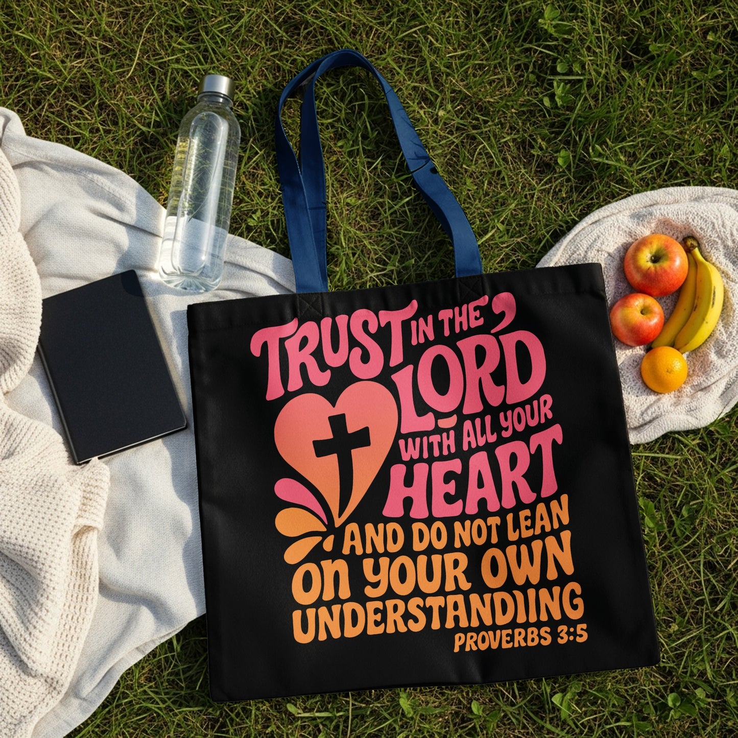 Black tote bag with "Trust in the Lord" text and Proverbs 3:5 scripture.