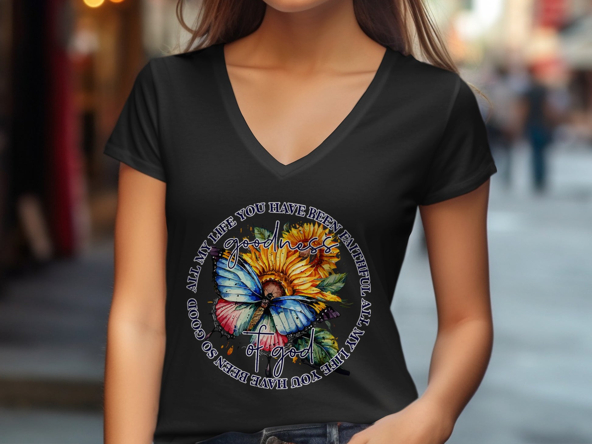 Black t-shirt with sunflowers, butterfly, and text "ALL MY LIFE YOU HAVE BEEN SO GOOD".