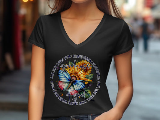 Black t-shirt with sunflowers, butterfly, and text "ALL MY LIFE YOU HAVE BEEN SO GOOD".