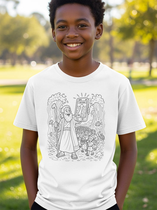 Boy wearing a white t-shirt with a Moses parting the sea illustration.