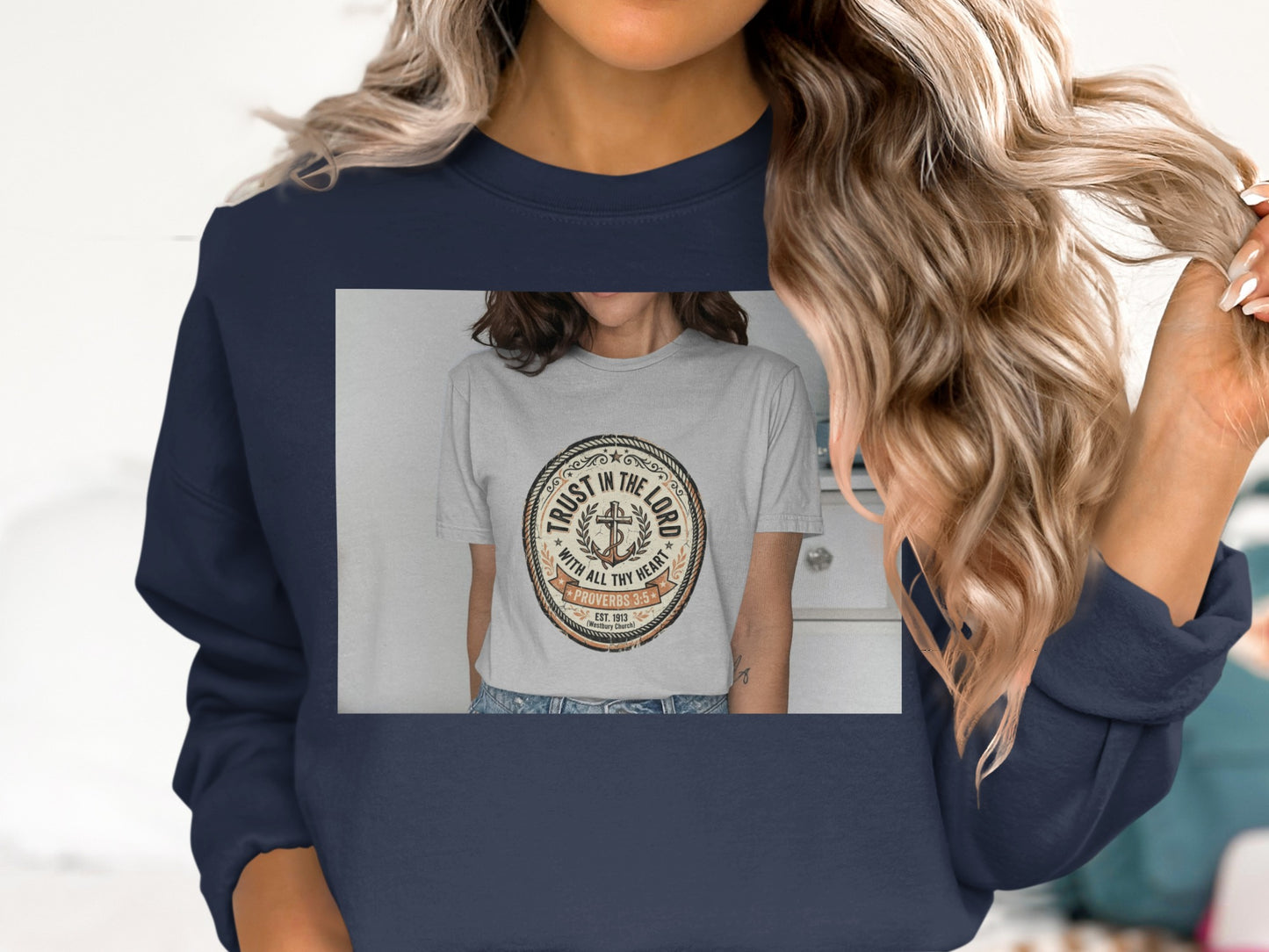 Navy sweatshirt with a circular graphic featuring "Trust in the Lord" and "Proverbs 3:5".