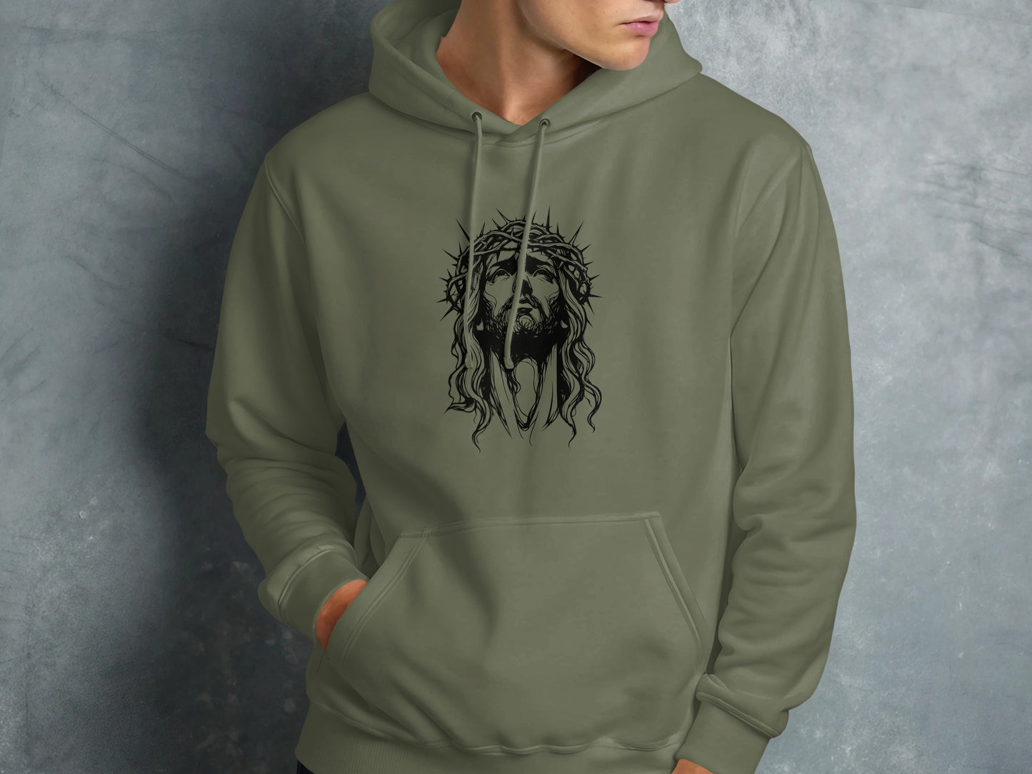 Green hoodie with black Jesus Christ crown of thorns graphic.
