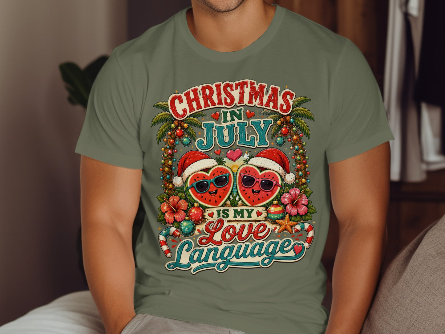 T-shirt with cartoon watermelons in Santa hats celebrating Christmas in July.