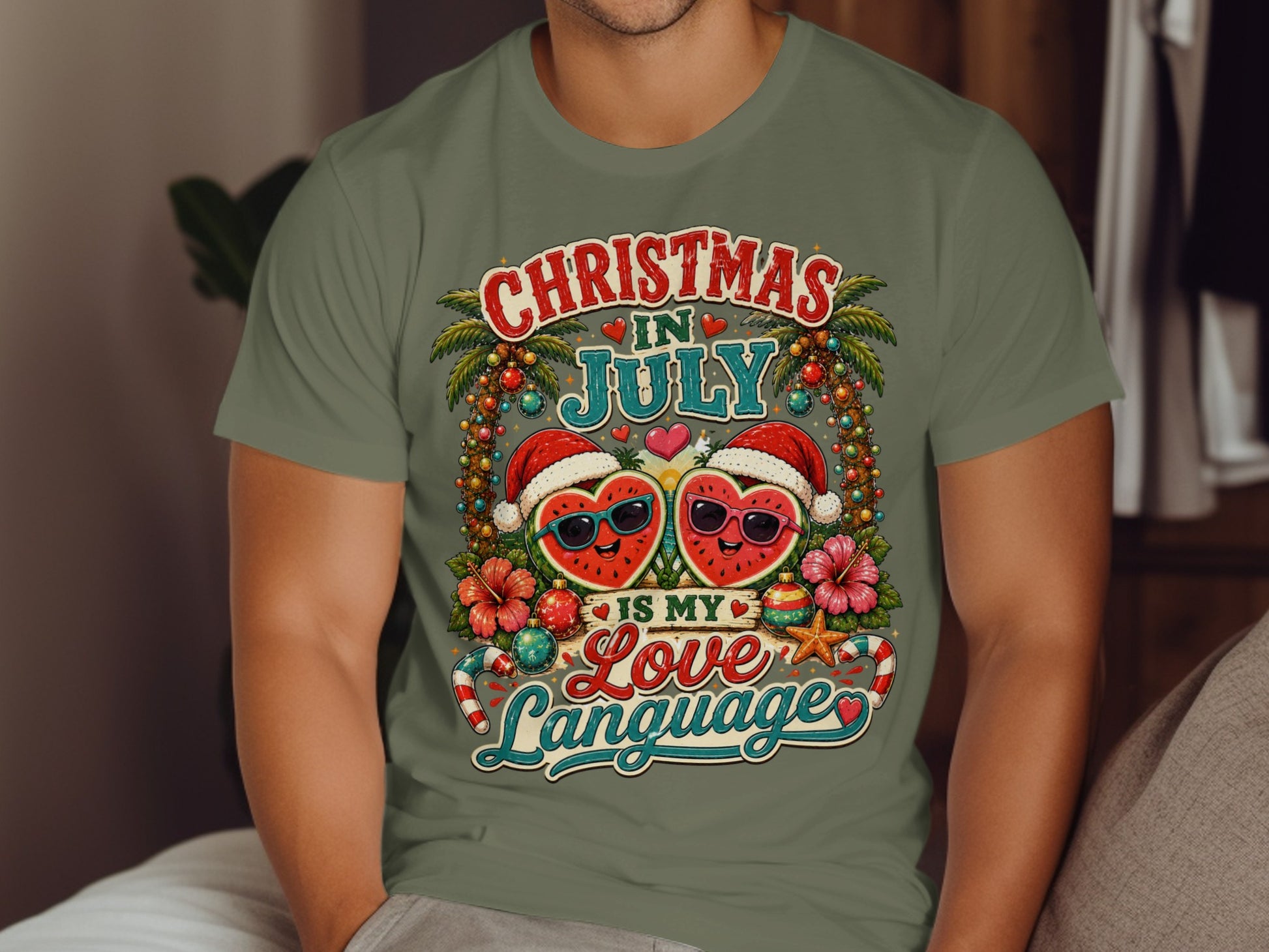 T-shirt with cartoon watermelons in Santa hats celebrating Christmas in July.