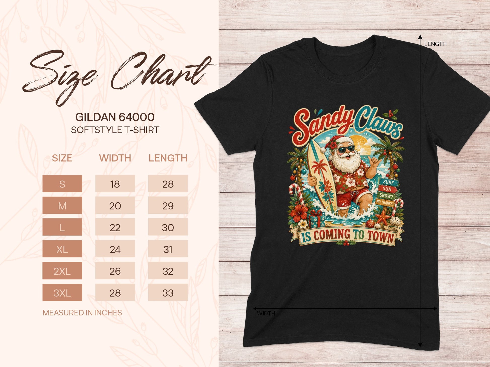 Gildan 64000 Softstyle T-Shirt size chart with "Sandy Claus" graphic.
