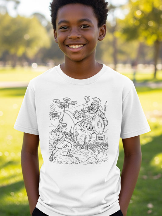 Boy wearing a t-shirt with a cartoon illustration of David facing Goliath.