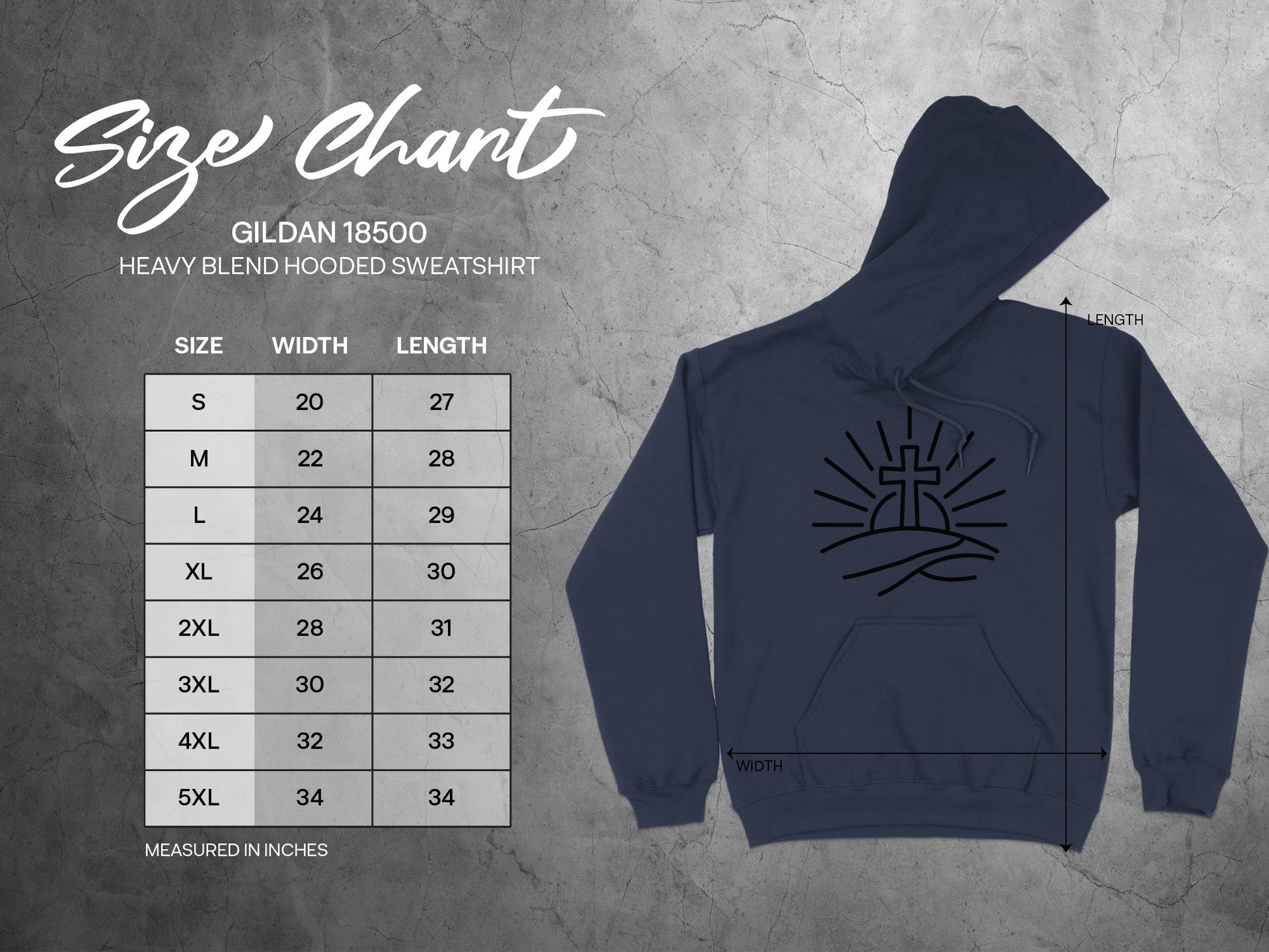 Gildan 18500 hooded sweatshirt size chart with width and length measurements.