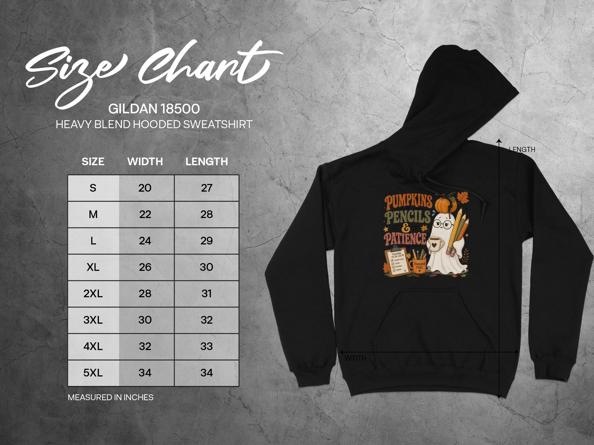 Gildan 18500 Heavy Blend Sweatshirt size chart with width and length in inches.