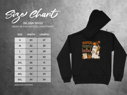 Gildan 18500 Heavy Blend Sweatshirt size chart with width and length in inches.