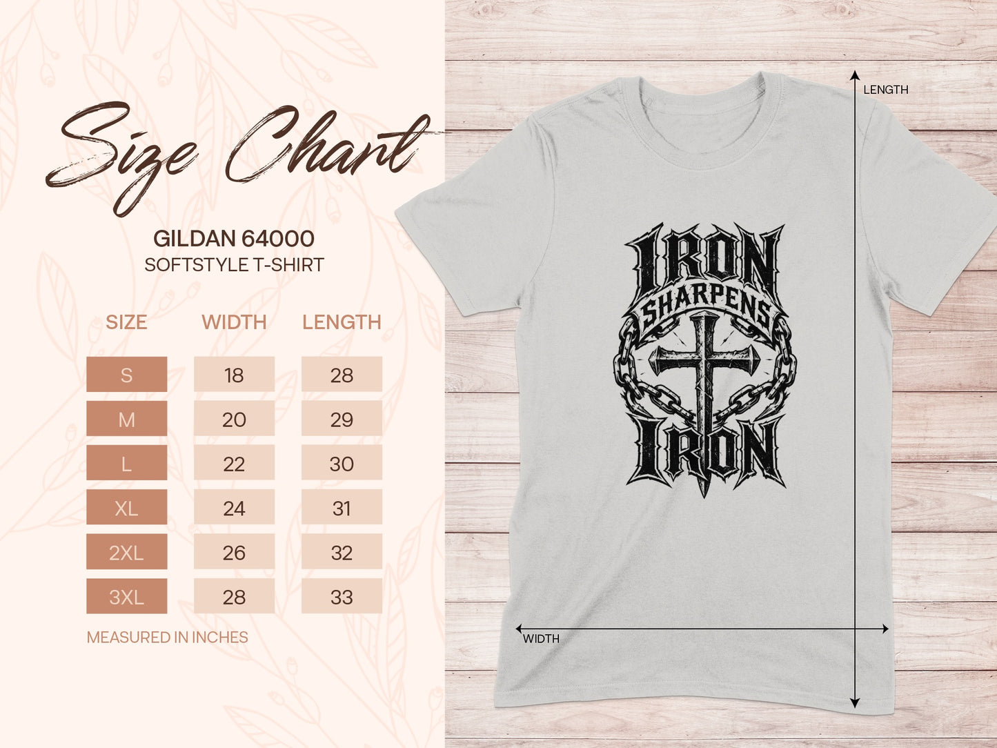 Gildan 64000 size chart for Softstyle t-shirts with measurements.