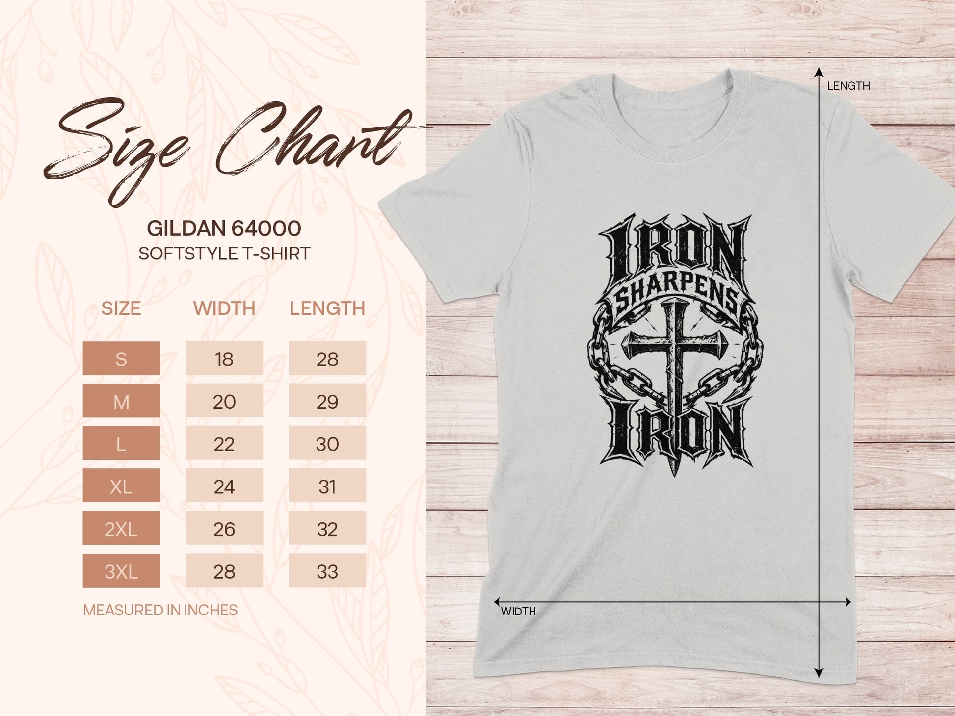 Gildan 64000 size chart for Softstyle t-shirts with measurements.