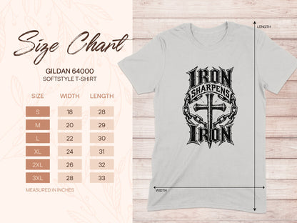 Gildan 64000 size chart for Softstyle t-shirts with measurements.