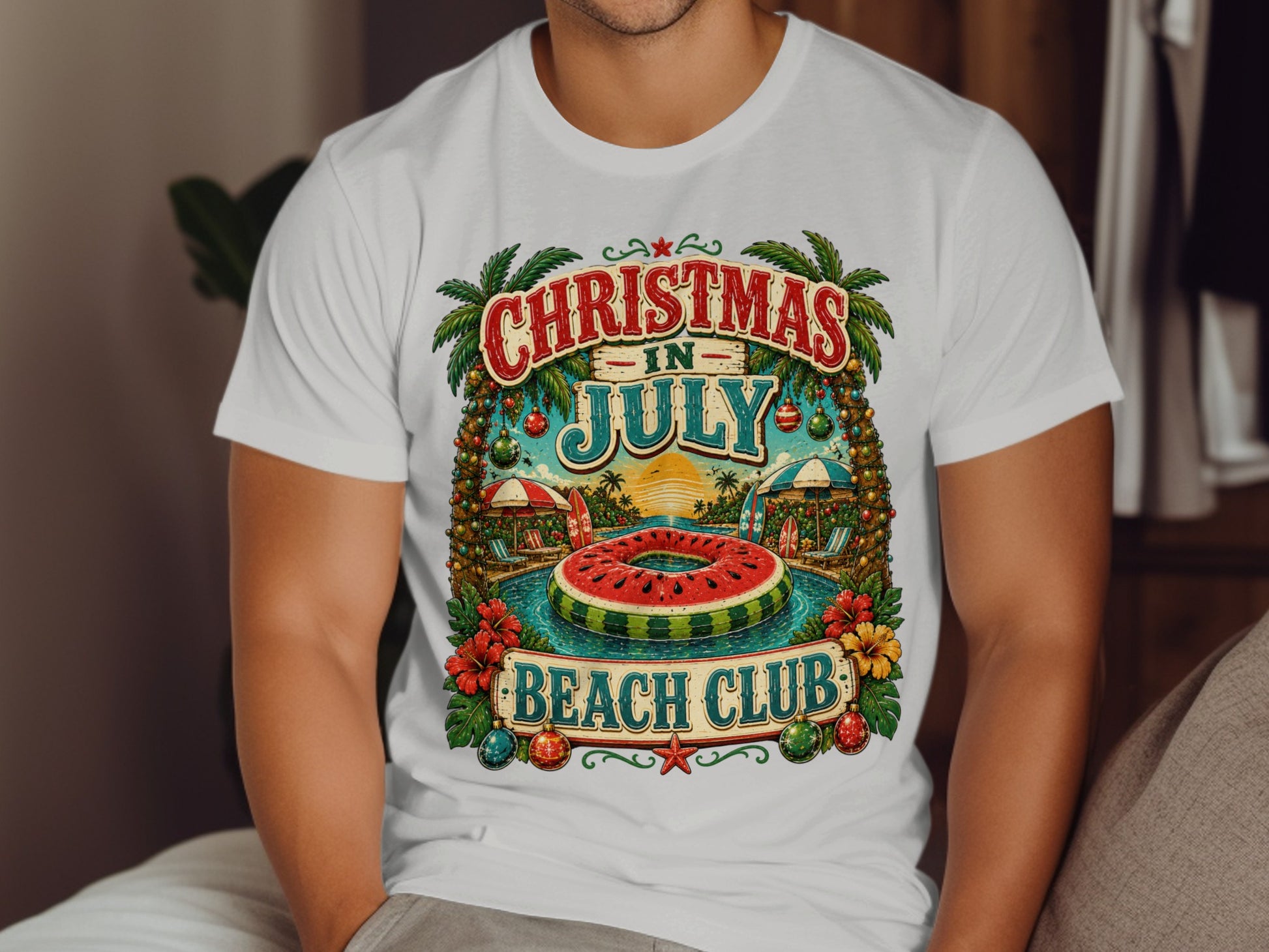 Christmas in July Beach Club graphic on a white t-shirt.