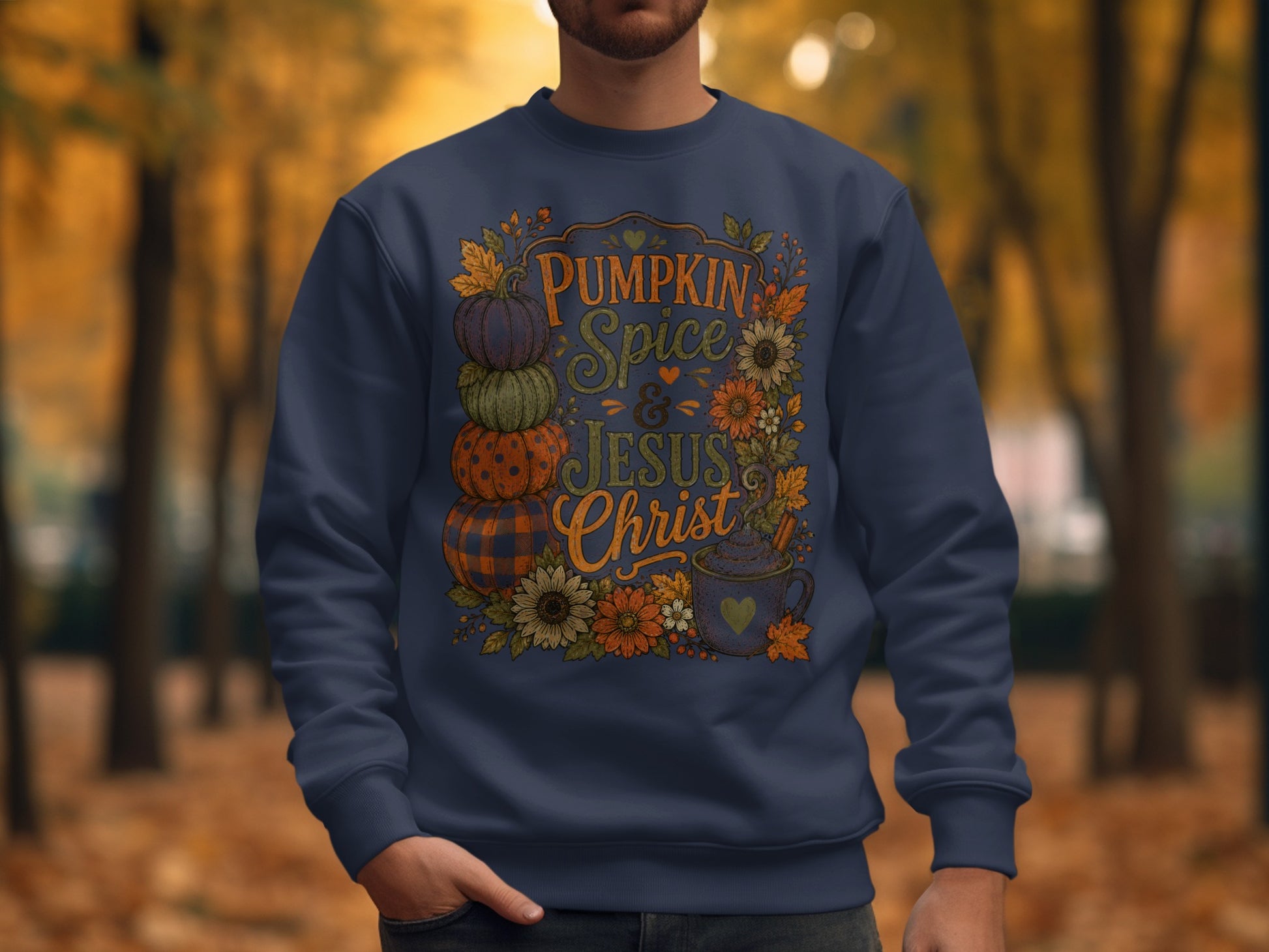 Navy sweatshirt with "Pumpkin Spice & Jesus" text and fall graphic.