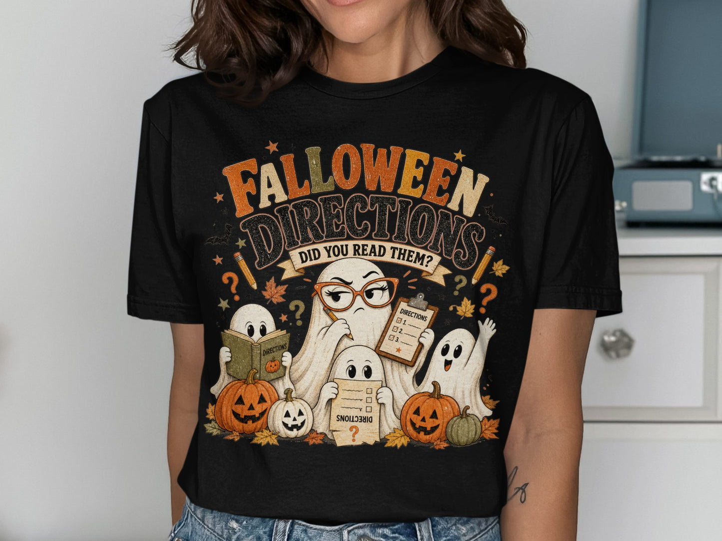 Halloween Ghosts with pumpkins reading directions and holding checklists.