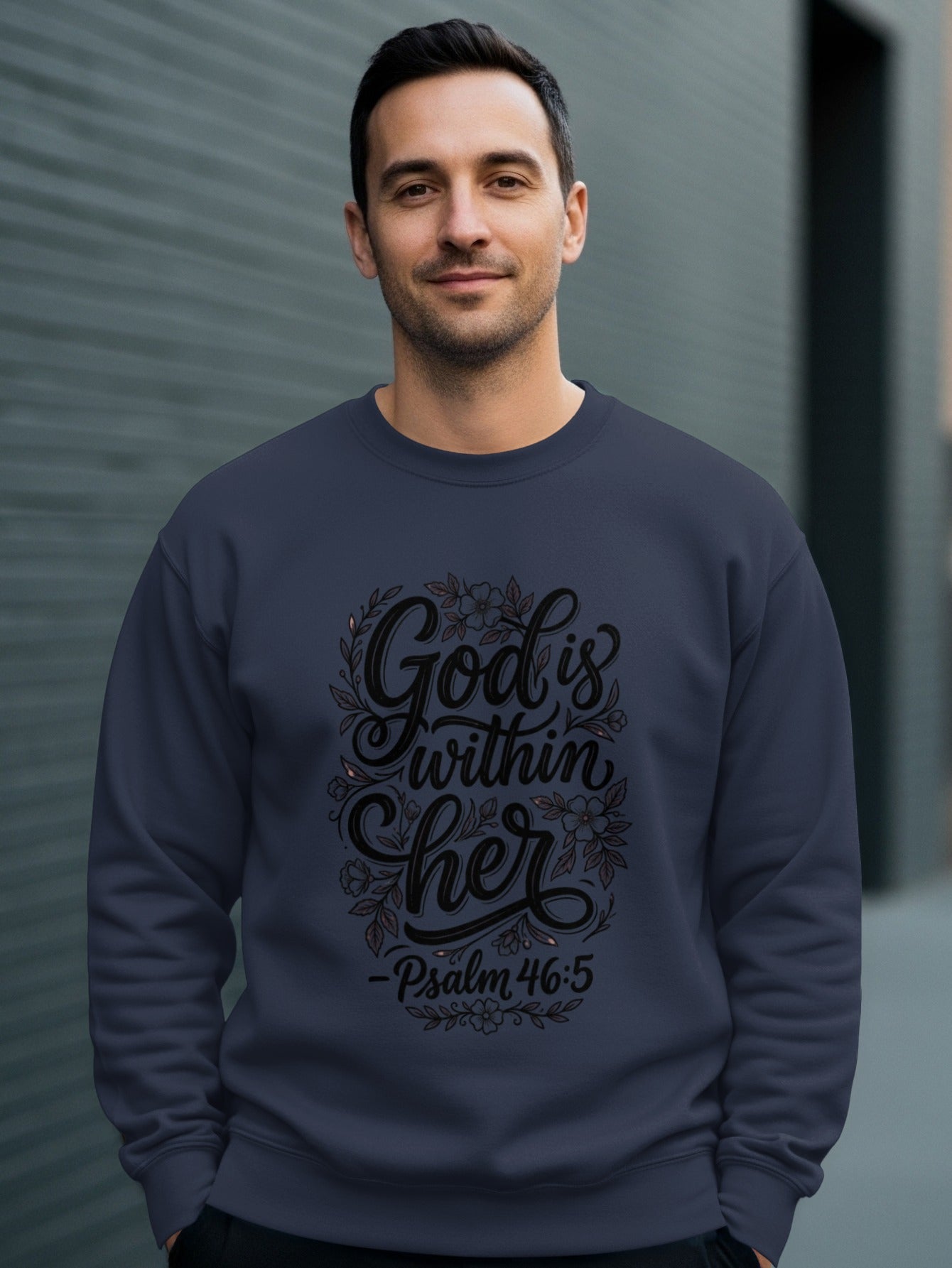 Navy sweatshirt with "God is within her" and Psalm 46:5.