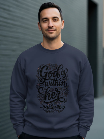 Navy sweatshirt with "God is within her" and Psalm 46:5.