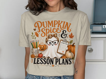 "Pumpkin Spice & Lesson Plans" t-shirt with ghost holding clipboard and pumpkins.