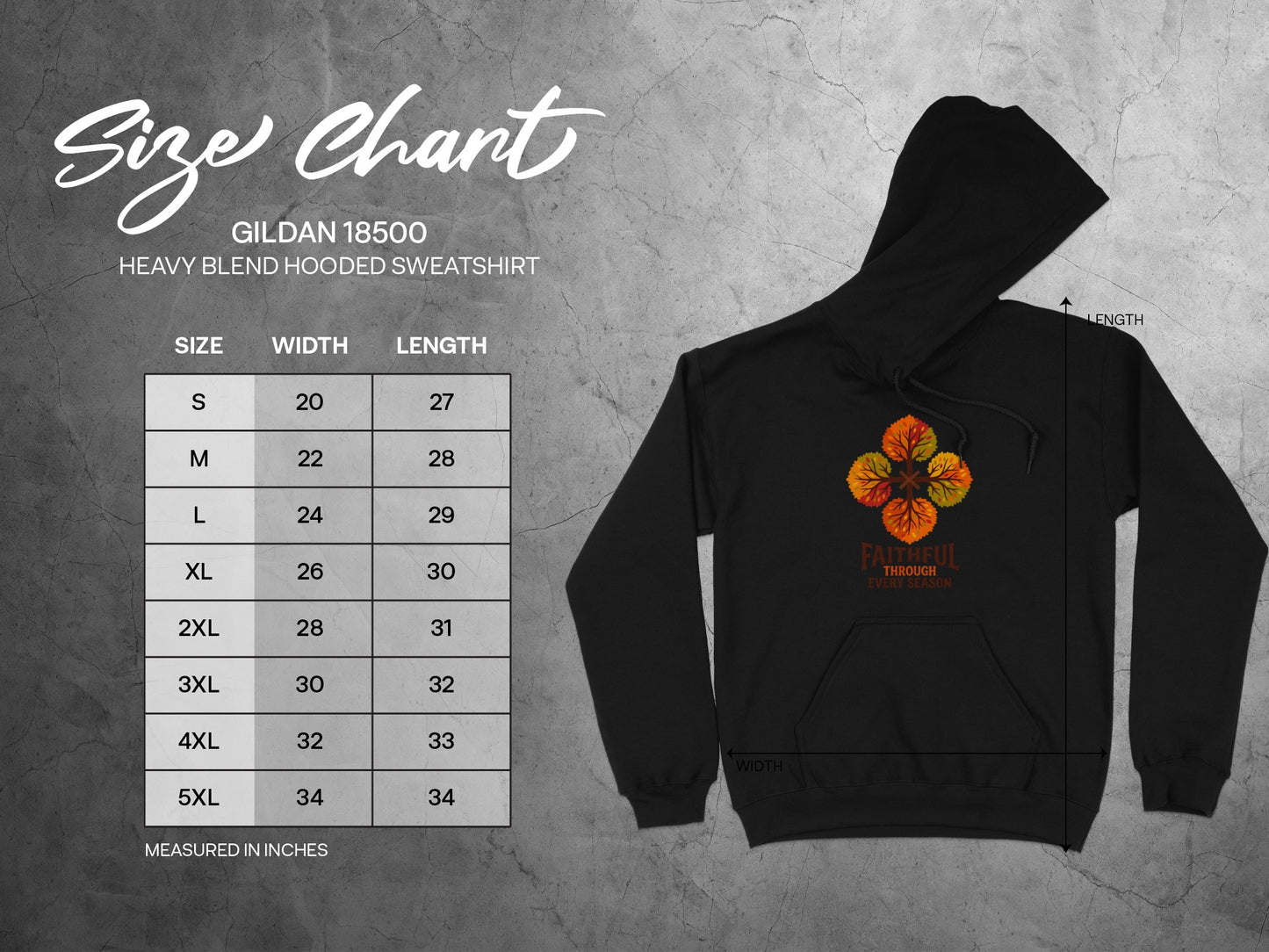 Gildan 18500 hooded sweatshirt size chart with measurements in inches.