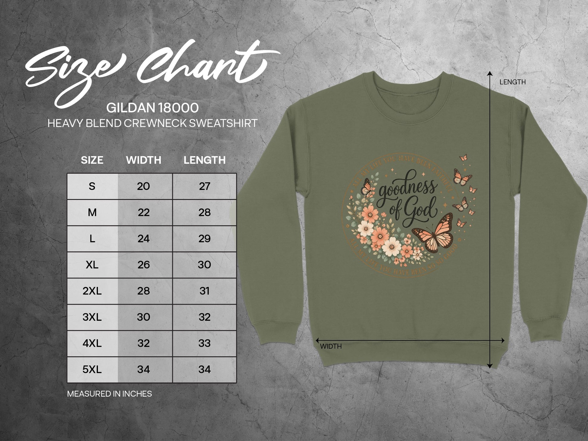 Gildan 18000 size chart showing width and length in inches for sweatshirt sizes.
