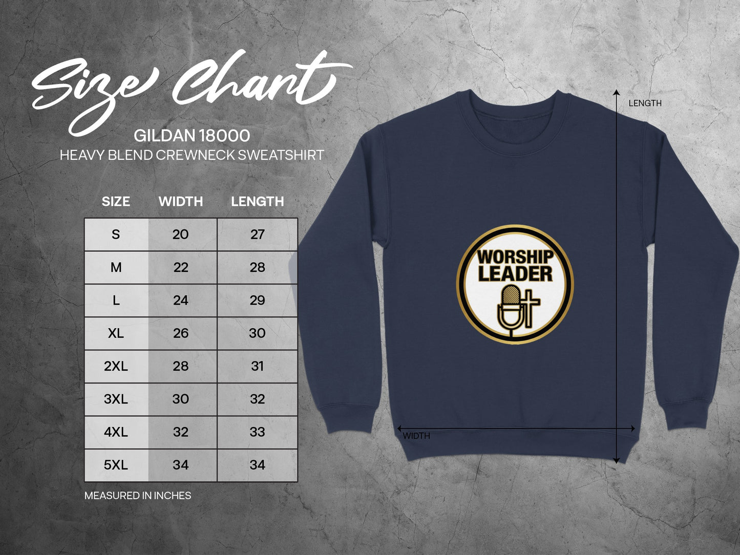 Gildan 18000 sweatshirt size chart with "Worship Leader" graphic.