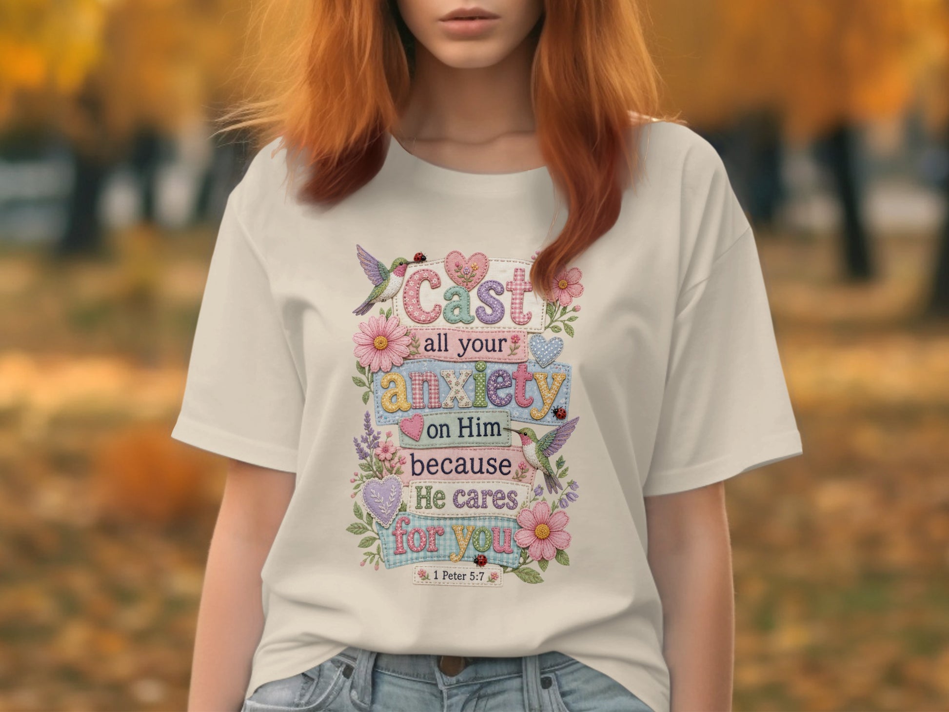 T-shirt with "Cast all your anxiety on Him because He cares for you 1 Peter 5:7".