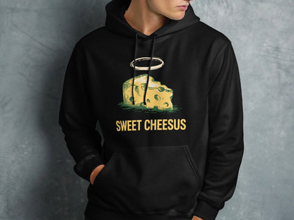 Black hoodie with "SWEET CHEESUS" text and cartoon cheese slice with halo.