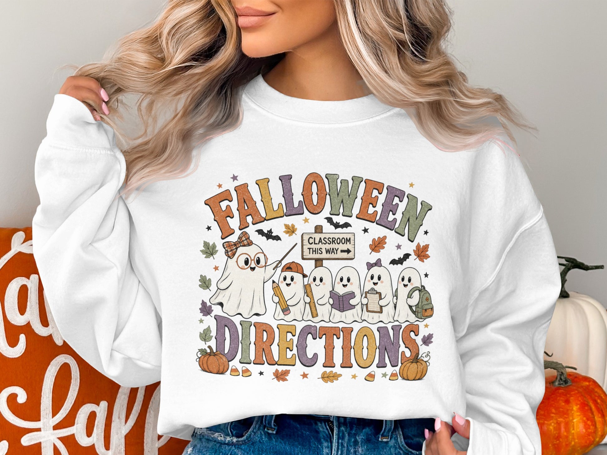 "Falloween Directions" text with ghosts and Halloween-themed classroom elements.