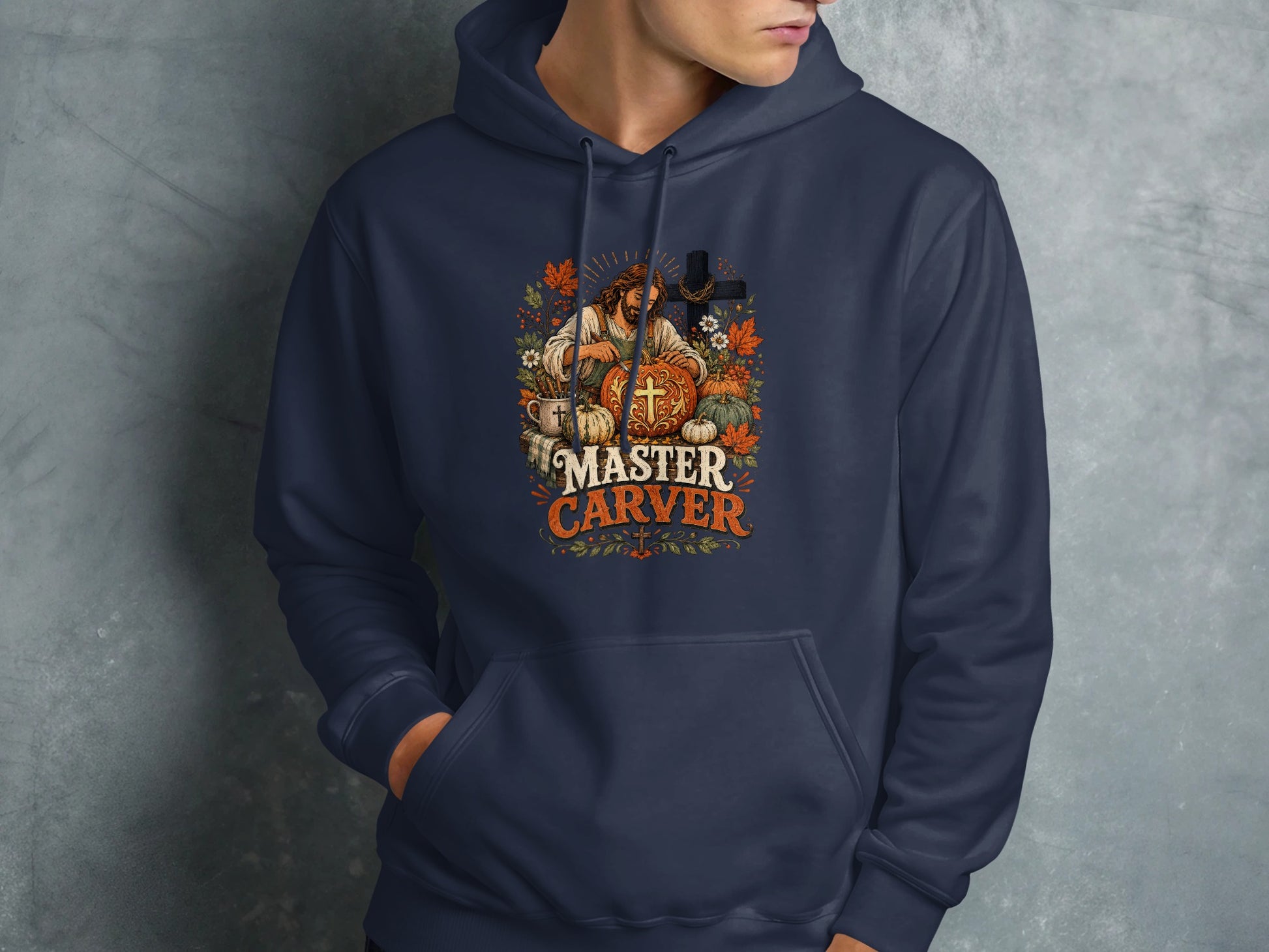 Navy hoodie with "Master Carver" text and religious fall harvest graphic.