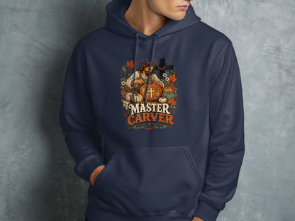 Navy hoodie with "Master Carver" text and religious fall harvest graphic.