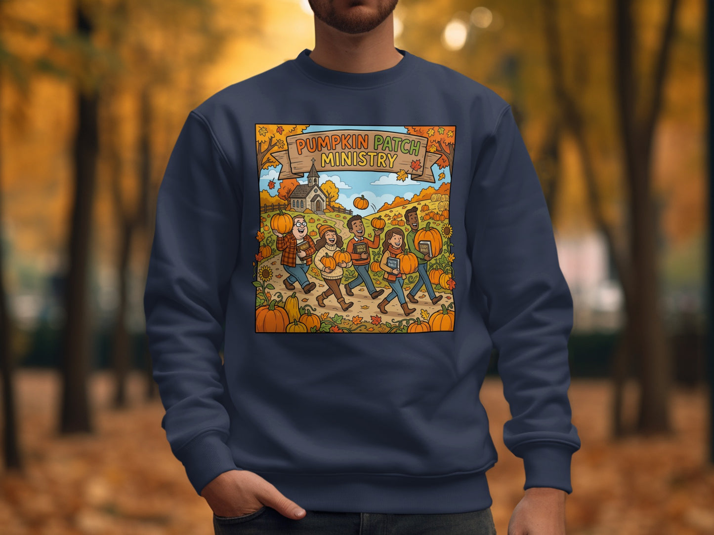 Crewneck sweatshirt with "Pumpkin Patch Ministry" illustration of people walking with pumpkins.