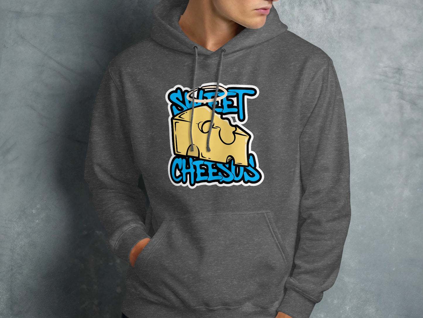 Dark grey hoodie with a "Sweet Cheesus" cheese graphic and halo.