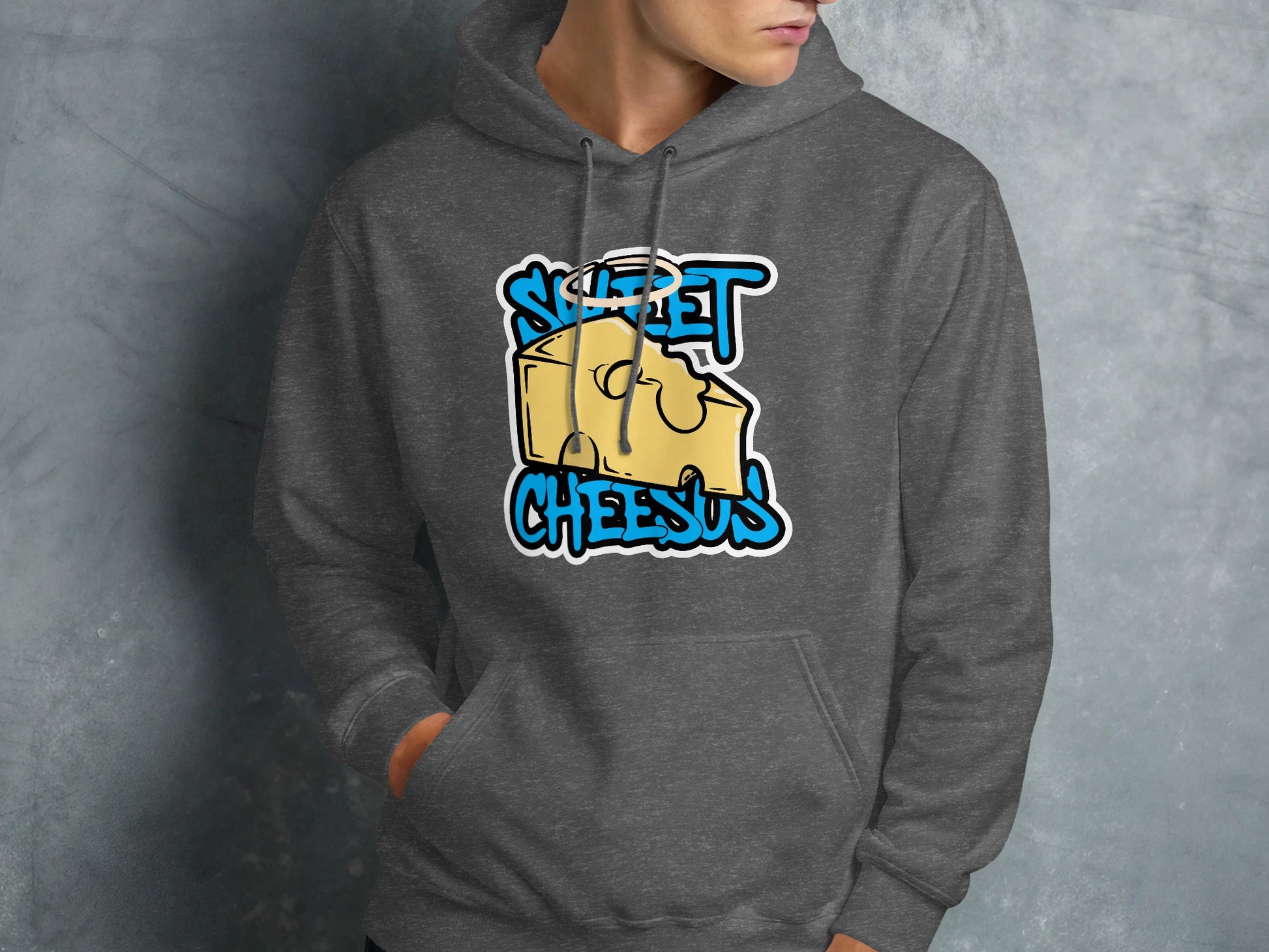 Dark grey hoodie with a "Sweet Cheesus" cheese graphic and halo.